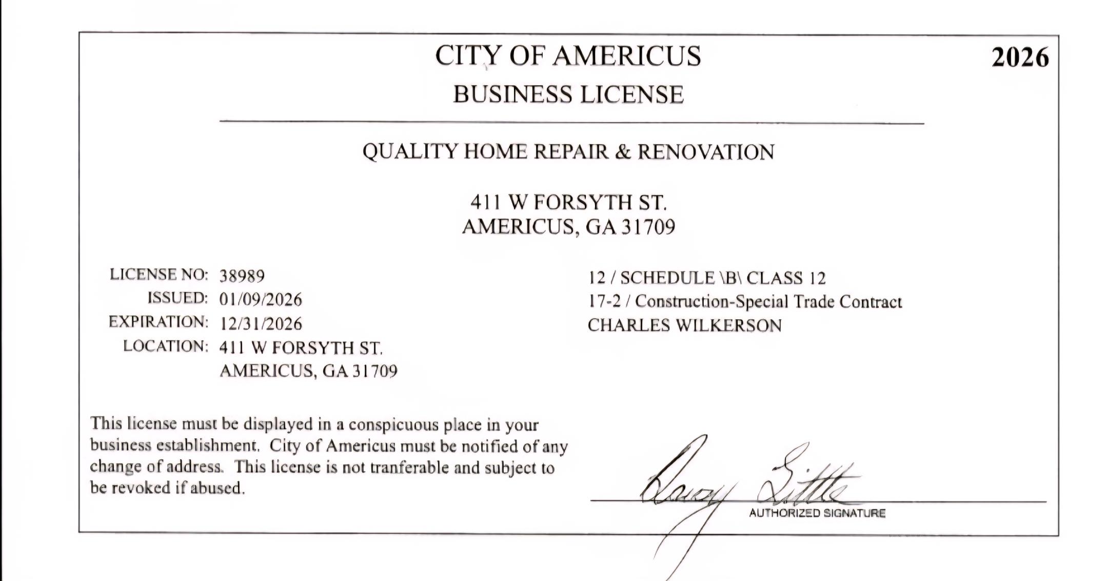 2026 Americus Business License 